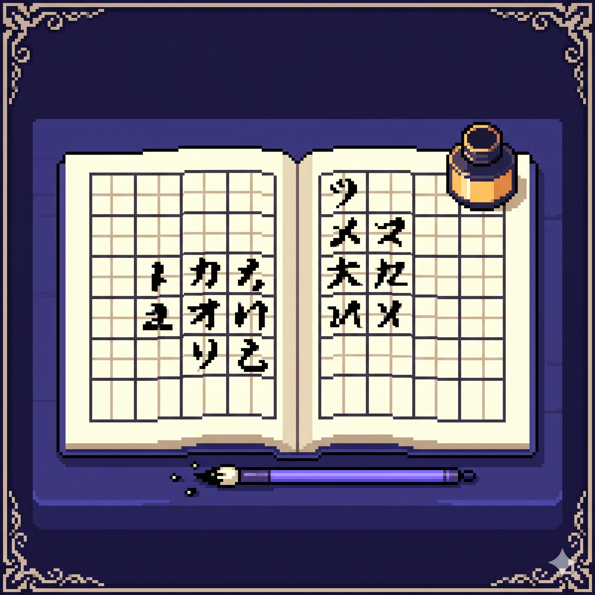 Kanji practice notebook with genkoyoshi grid and brush
