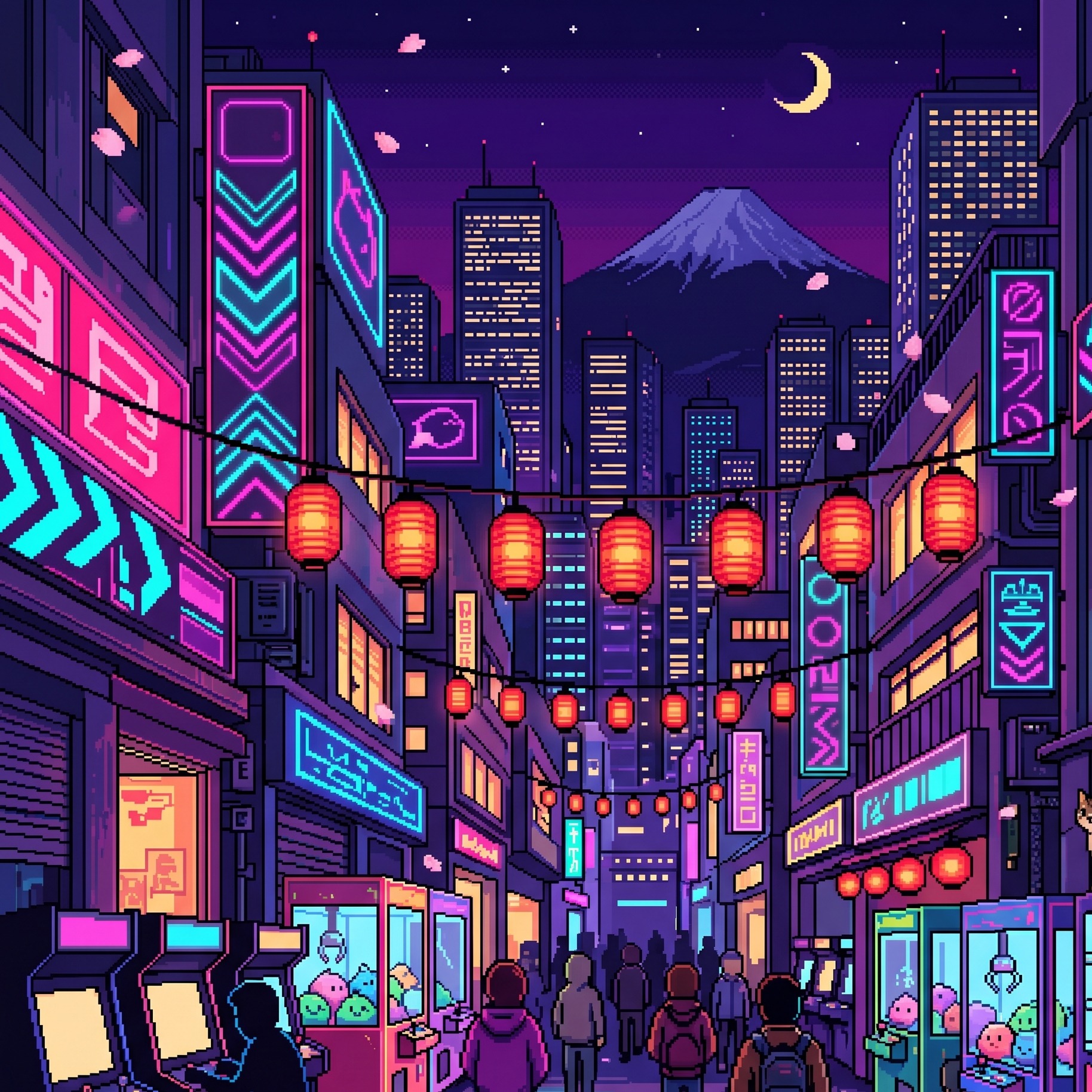 Pixel-Art-Bild: Tokyoter Akihabara-Straße bei Nacht mit Neon-Lampions, Arcade-Cabinets und Fuji-Silhouette