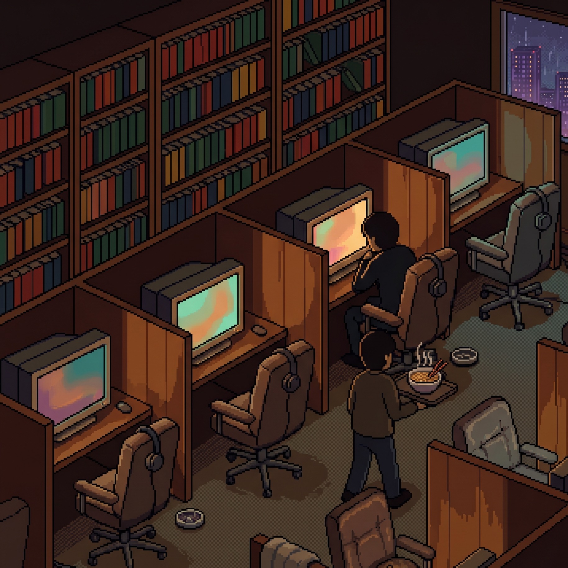 Pixel art: Japanese manga-kissa at night with CRT monitors, private booths, and bookshelves