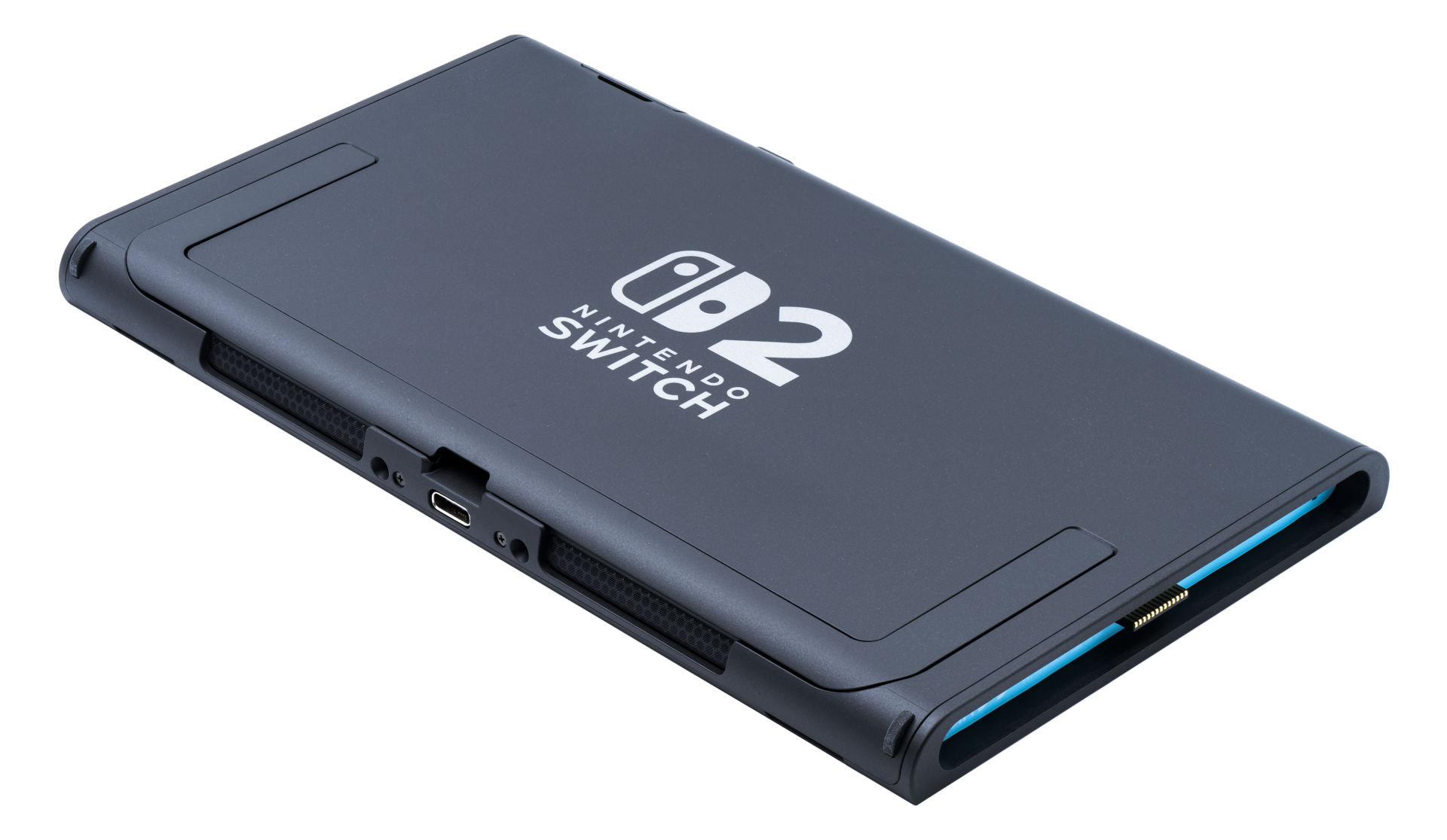 Nintendo Switch 2 Konsole seitlich mit sichtbaren Anschlüssen