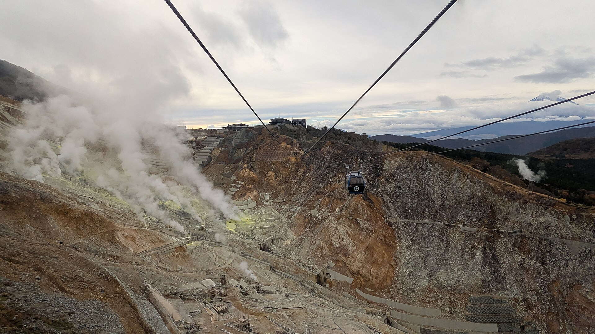 Hakone Ropeway gondola crossing the volcanic Owakudani valley with Mount Fuji visible
