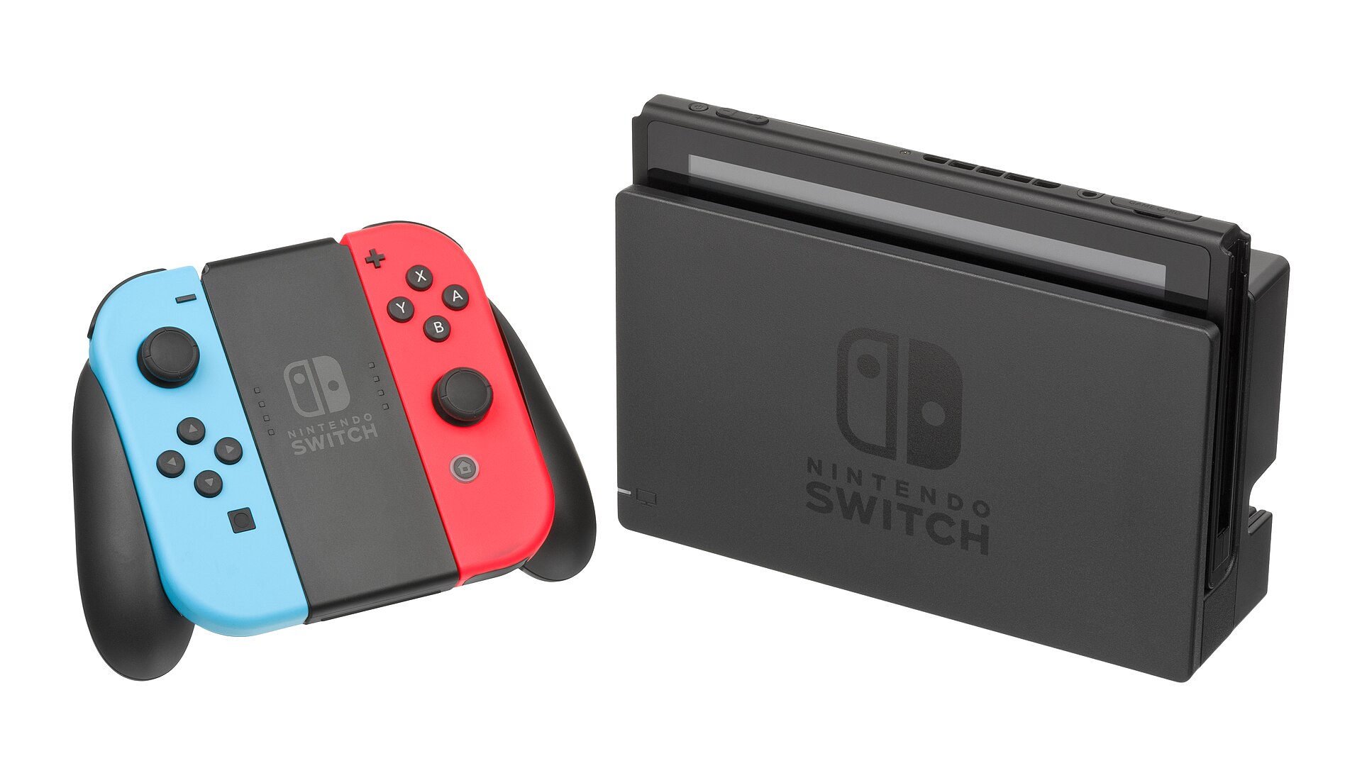 Nintendo Switch Konsole in der Dockingstation mit Joy-Con-Controllern