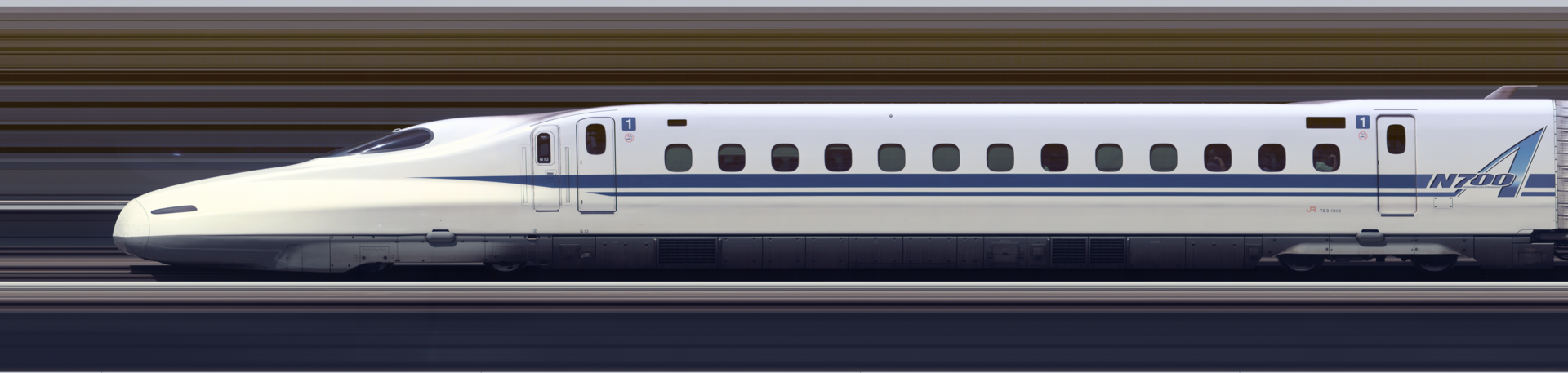 Shinkansen N700A train with characteristic nose shape running at speed