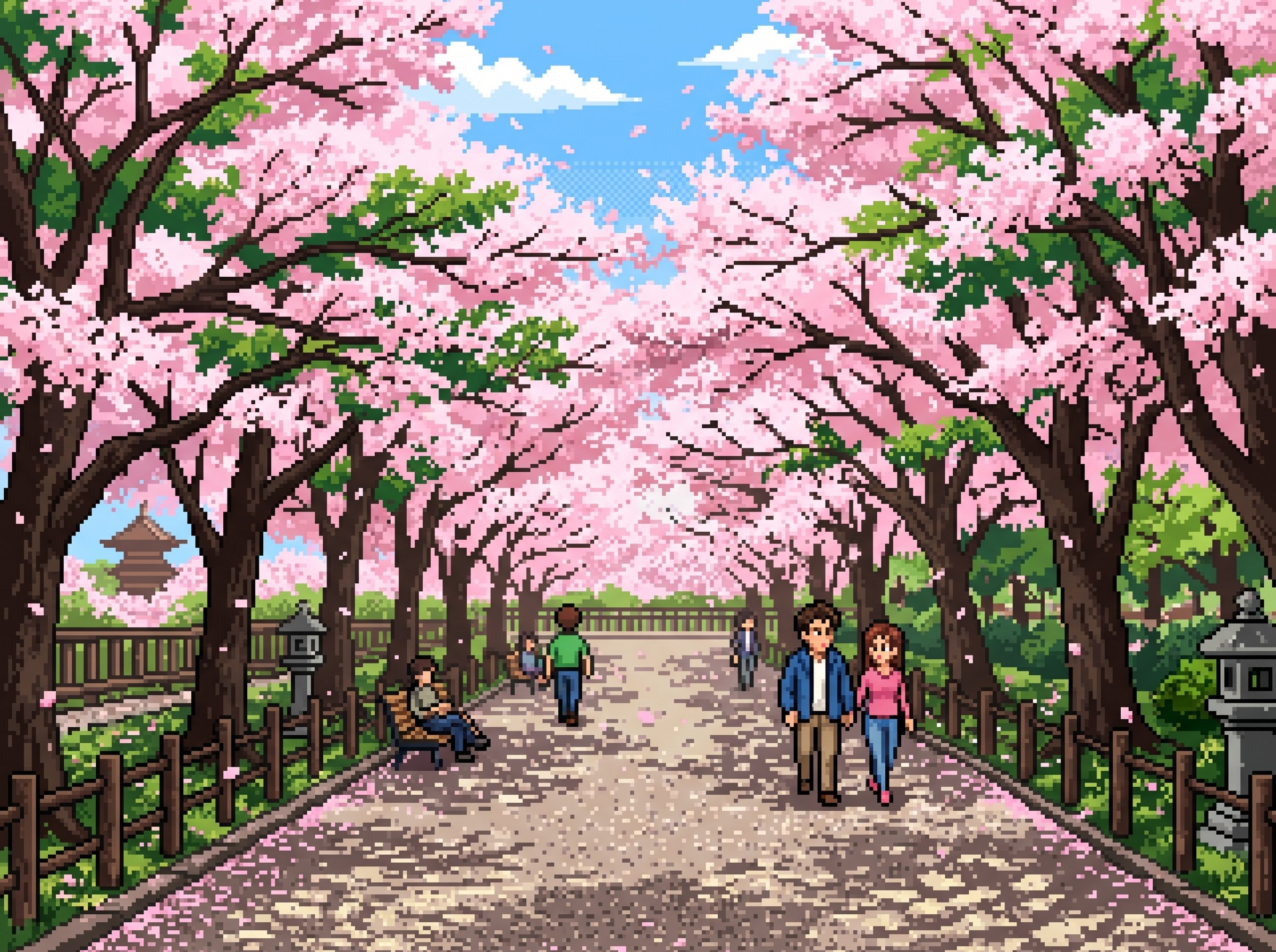 Sakura tunnel at Ueno Park, pixel-art