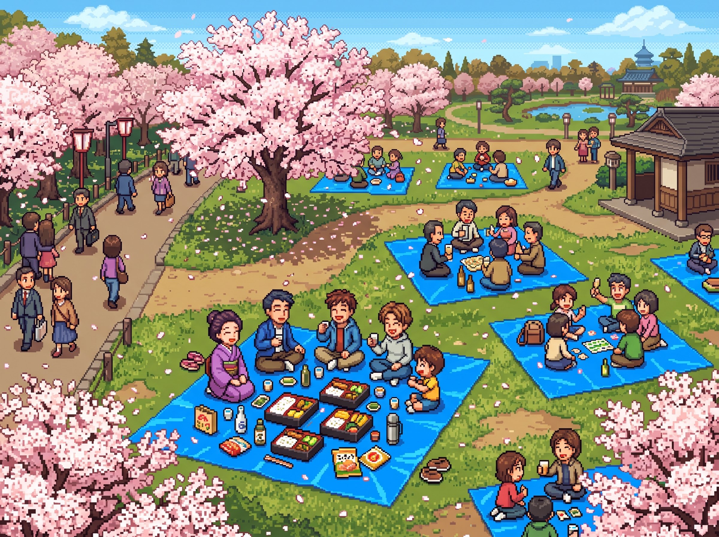 Hanami picnic on a blue tarp under cherry trees, pixel-art