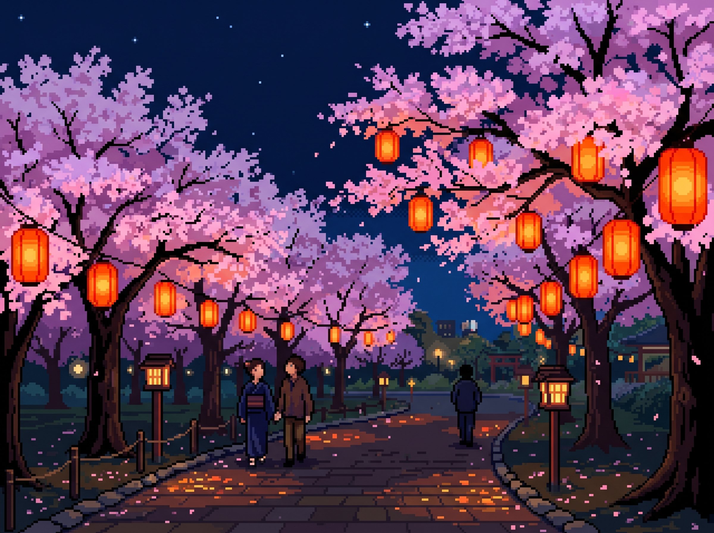 Yozakura: illuminated sakura with paper lantern at night