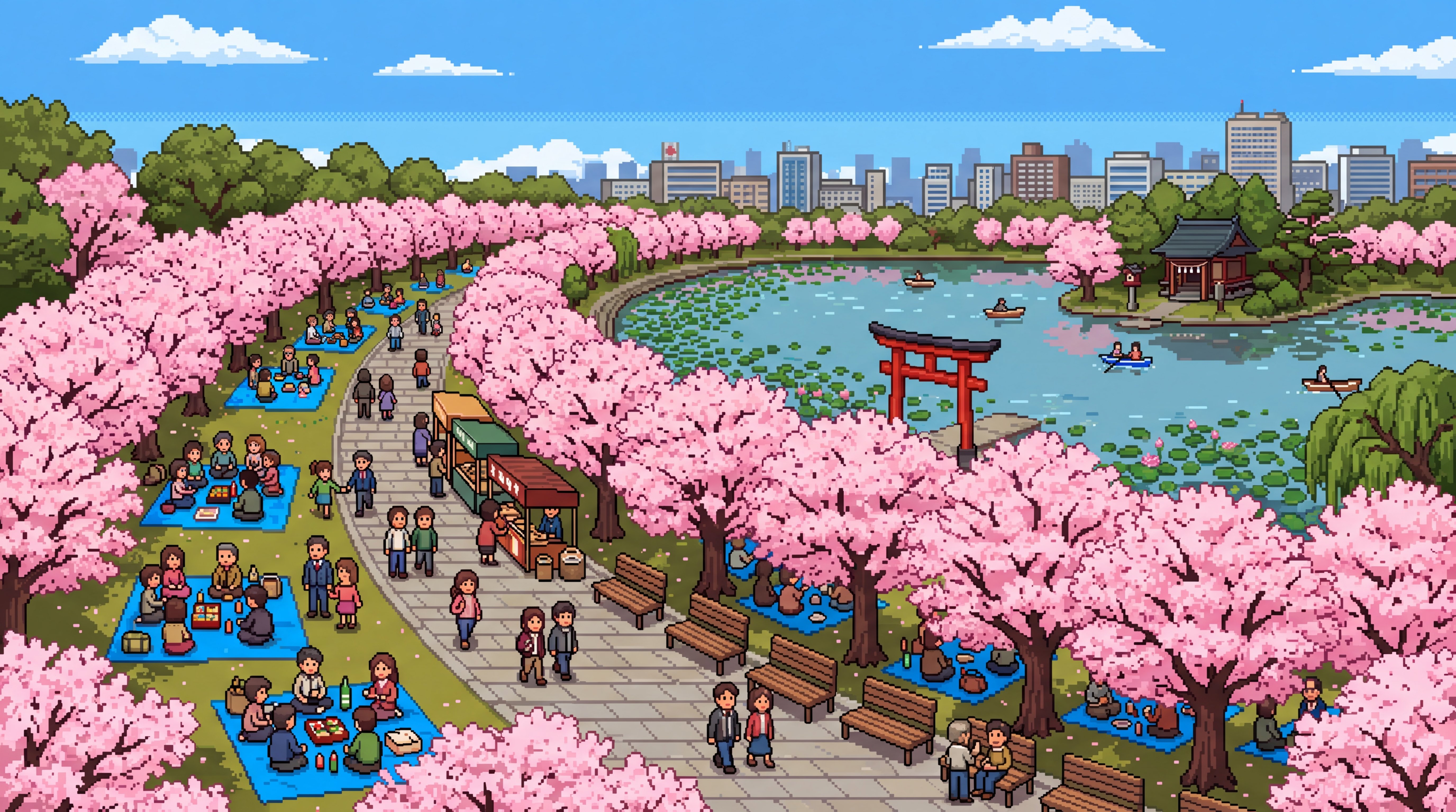 Sakura at Ueno Park, Tokyo — pixel-art illustration with blooming cherry trees, hanami picnic and torii at Shinobazu Pond